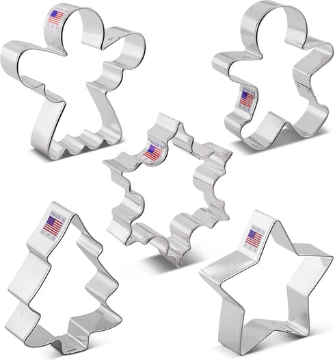 Christmas and Holiday Cookie Cutters 5-Pc Set Made in USA by Ann Clark, Gingerbread Man, Christmas Tree, Star, Snowflake, Angel...