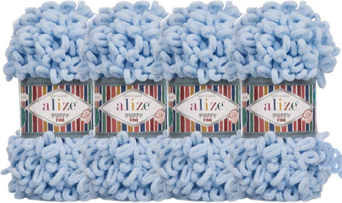 Alize Puffy Fine Baby Blanket Small Loop 100% Micropolyester Soft Yarn Lot of 4skn 400gr 64yds (218 - Baby Blue)...