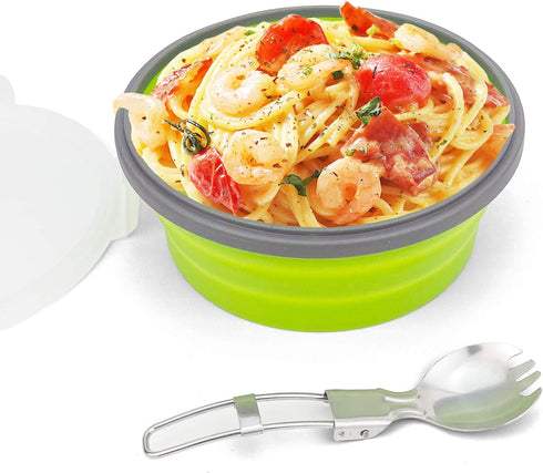 1200ml Collapsible Camping Bowl Silicone Food Storage Container with Lid and Foldable Stainless Steel Fork Spoon, for Picnic, Travel, Camping, RV,...
