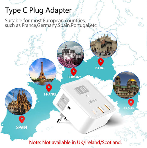 European Travel Plug Adapter, International Plug Adapter,with 20W PD&QC 3.0 USB-C and USB-A Ports Charging Faster,Travel Essentials from US to Mos...