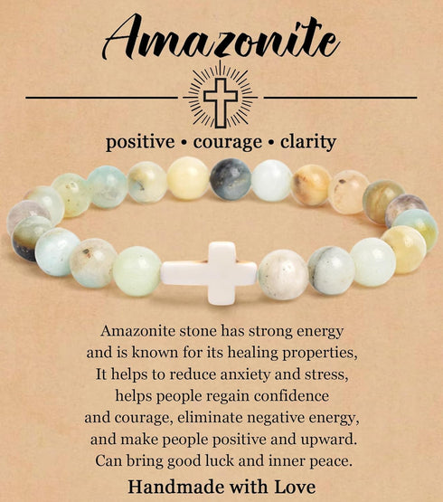 COLOYAN Christian Cross Beaded Bracelet Religious Cross Bracelet 8mm Natural Stone Healing Stretch Bracelets for Women Men...