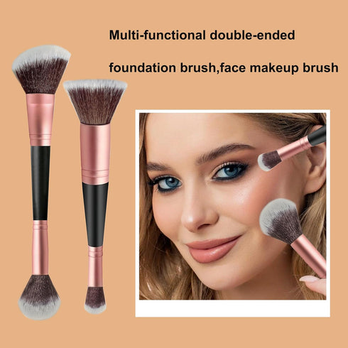 Foundation Brush Makeup Brushes:2 Pcs Double-Ended Makeup Brush For Liquid,Cream,and Powder-Buffing,Blending,Flawless Face Kabuki Brush (Flat/Angl...