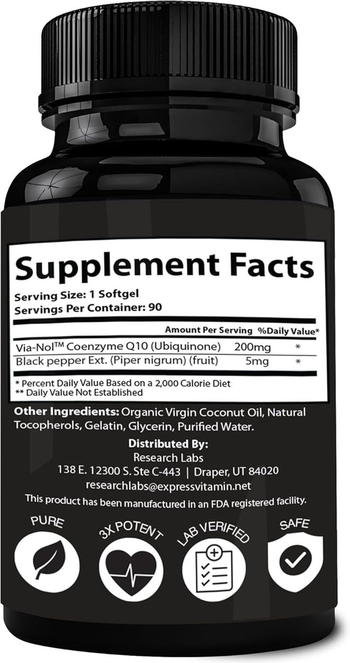 Research Labs Advanced Absorption 200mg CoQ10 w/Black Pepper Extract. 2 for 1 Ad 180 Softgels. Organic, Gluten Free, Heart Health Support, Energy ...