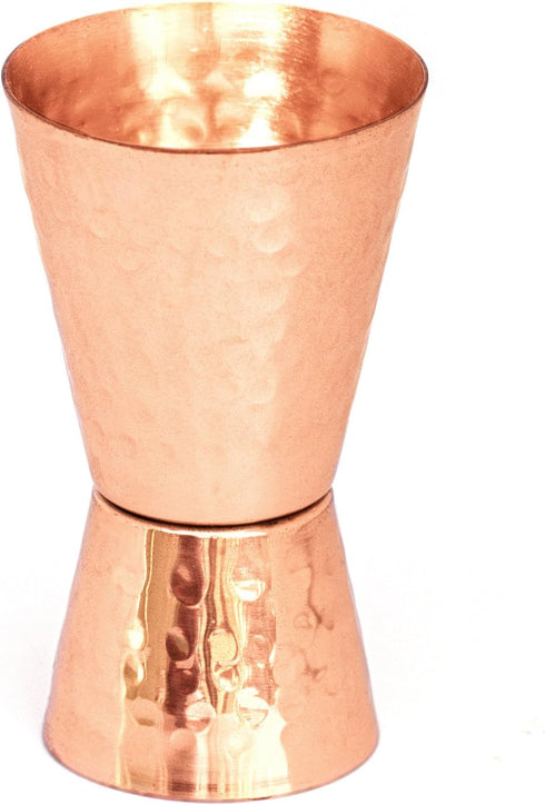 Copper jigger lacquered for the shine and to prevent tarnish. - Double 1oz/2oz copper measuring jigger for cocktail mixing. - Solid hammered coppe...