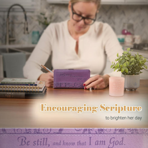 Christian Art Gifts Purple Faux Leather Checkbook Cover for Women with Inspirational Scripture - Be Still - Bi-fold Checkbook Cover for Duplicate ...