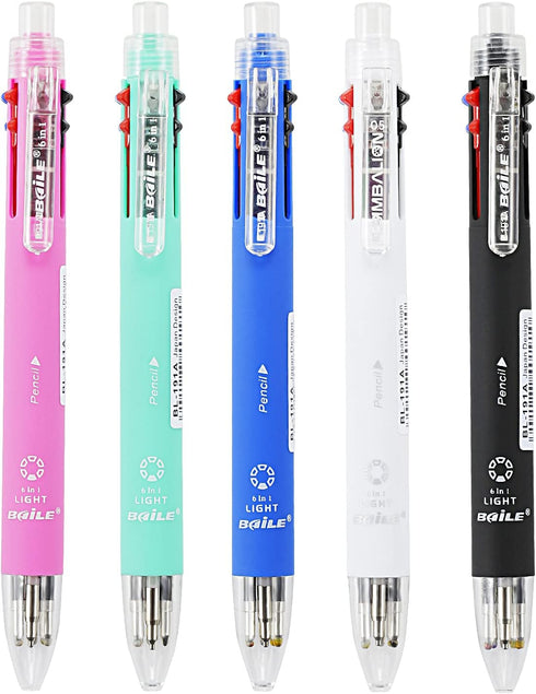 Baile 6 in 1 Multifunctional Ballpoint Pens 5 Colors 0.7 mm Ballpoint Pen and 0.5 mm Mechanical Pencil in One Pen, Pack of 5...