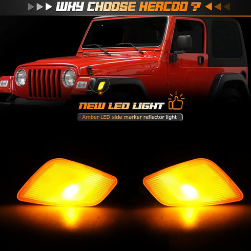HERCOO LED Park Signal Side Marker Lights Lamps Cover Lens Amber Bulbs Driver and Passenger Front Marker Light Housing Assembly Compatible with Je...