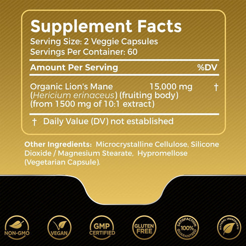 Lions Mane Supplement Capsules - 120 Count - Mushroom Supplement, Brain Supplements for Memory and Focus, Lion's Mane Mushroom Capsules - Cognitiv...