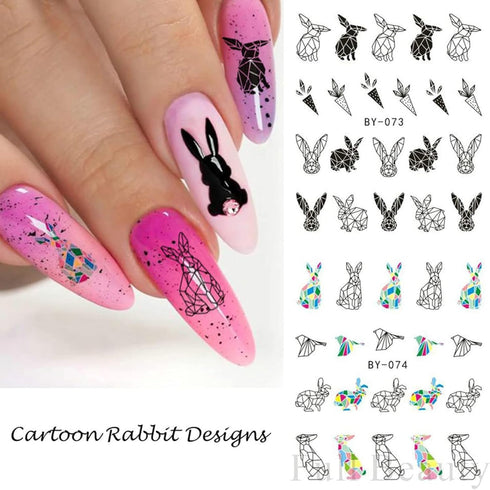 12 Sheets Bunny Nail Art Stickers Easter Water Transfer Nail Decals Cute Rabbit Cartoon Nail Design Abstract Line Rabbit Nail Sticker Easter Nail ...