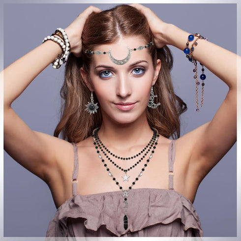 3 Pcs Halloween Gothic Sun and Moon Jewelry Set Head Chain Multilayer Star Choker Crystal Earrings (Silver,Boho)...