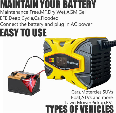 12V 6A Smart Car Battery Charger with Temperature Compensation-Automotive Battery Maintainer Desulfator for Cars, Trucks, Motorcycles, Lawn Mowers...
