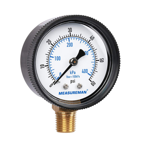 Measureman 2" Swimming Pool Pressure Gauge, 1/4"NPT Lower Mount, 0-60psi/kpa, Plastic Case...