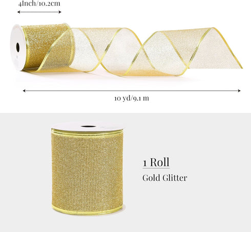 1 Roll 4 Inch Wide 10 Yd Gold Glitter Wired Ribbon, Metallic Gold Mesh Wired Edge Ribbon for Christmas Tree Décor, Gift Wrapping Box, Bows, Wreath...