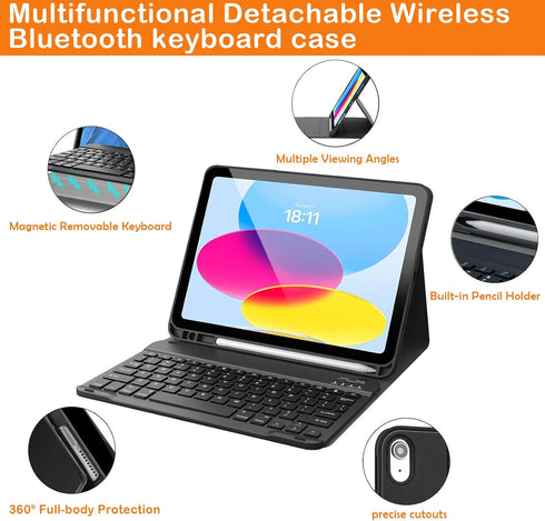 Wireless Bluetooth Keyboard Case for iPad 10th Generation 10.9 Inch 2022, Built-in Pencil Holder - iPad 10th Gen Cover with Keyboard Full-body Pro...