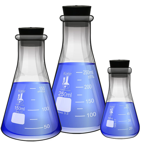 Glass Erlenmeyer Flask Set with Rubber Stoppers - 3 Sizes - 50, 150 and 250ml, Karter Scientific 214U8...