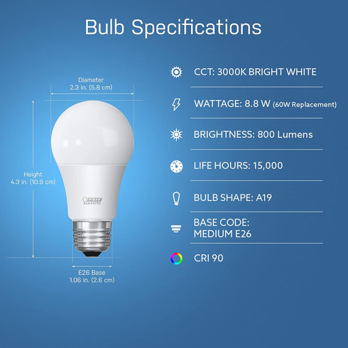 Feit Electric A19 LED Light Bulb, 60W Equivalent, Non Dimmable, 800 Lumens, E26 Medium Base, 3000k Bright White, CRI 90, 10 Year Lifetime, UL List...