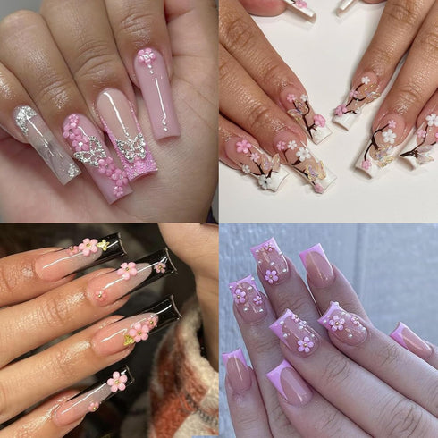 Flower Nail Art Charms Pink Rose Red Nail Charms Gold Silver Pearls Nails Supplies Rhinestones Floral Spring Blossom Nail Accessories Acrylic Nail...