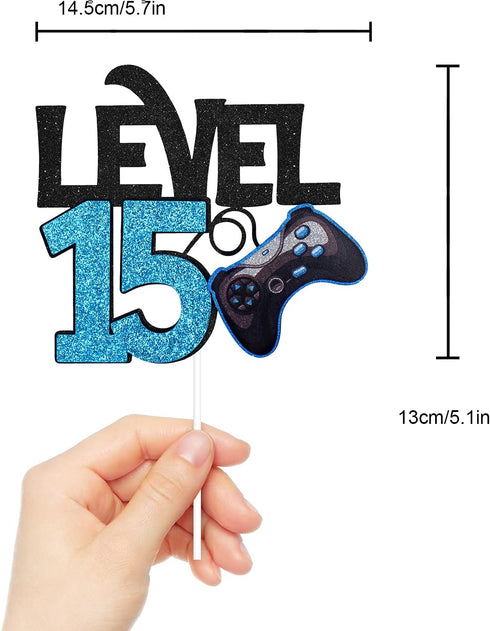 Level 15 Game Birthday Cake Topper - Video Game Boy's 15th Birthday Level Up Party Blue Cake Supplies - Game On Winner Gaming Party Decoration...