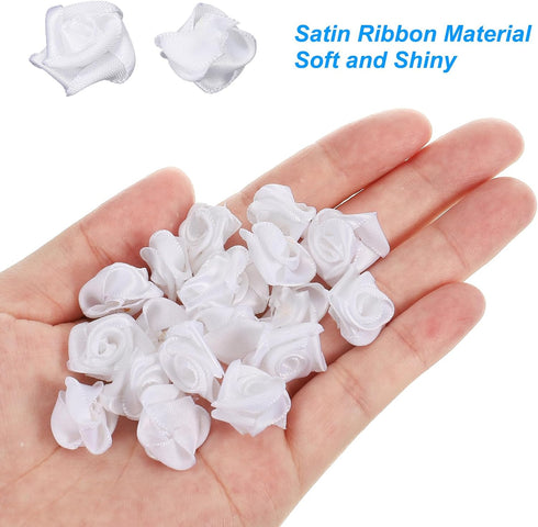 PATIKIL 0.6" Mini Satin Ribbon Roses, 50 Pcs Tiny Fabric Flowers Embellishments Rosettes Applique for DIY Crafts and Wedding, White...