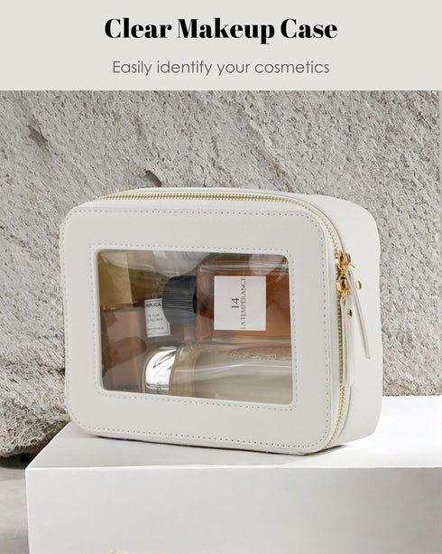 Clear Makeup Case, Durable Saffiano Faux Leather Travel Cosmetic Bag, Toiletry Bag with Visual Window & Dual Zippers, Travel Essentials for Women ...