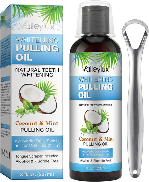 Natural Coconut Pulling Oil (8 Fl.Oz),with Tongue Scraper+Measuring Cup,Pulling Oil Mouthwash for Teeth, Pulling Oil for Teeth Whitening and Healt...