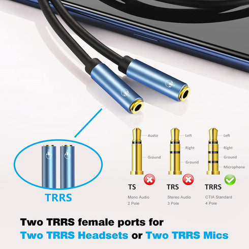 MillSO Headset Splitter for 2 TRRS Headphones or Mics - 3.5mm Jack Adapter TRRS 4-Pole Splitter Male to 2 Dual Female Adapter...