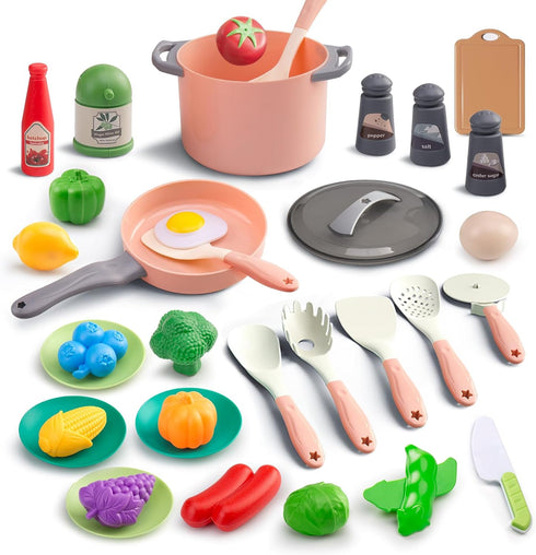 35Pcs Kids Kitchen Toy Accessories, Toddler Pretend Cooking Playset with Play Pots and Pans, Utensils Cookware Toys, Play Food Set, Toy Vegetables...