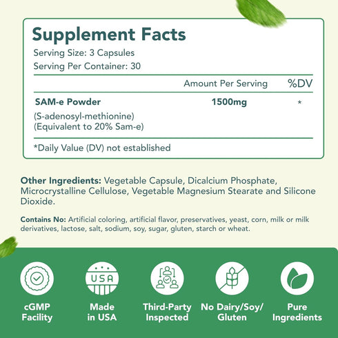 1500mg SAM-e Supplement - High Strength S-Adenosyl-L-Methionine Capsules 1500mg per Serving for Joint Brain Liver and Mood Support - Non-GMO High ...