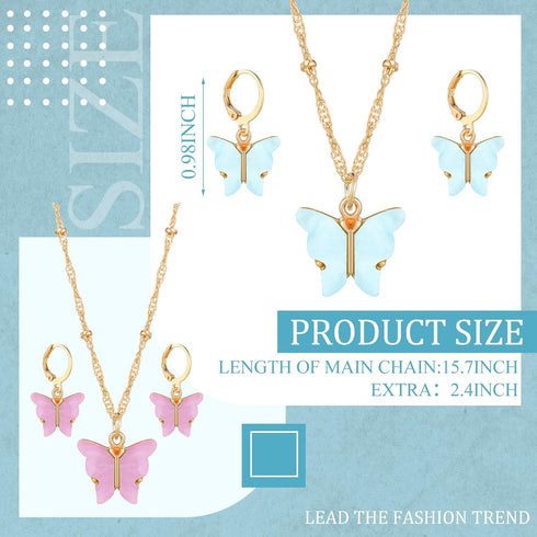 18 Pcs Acrylic Butterfly Necklace Earrings Set Acrylic Butterfly Pendant Necklace Hoop Butterfly Earrings Colorful Butterfly Jewelry Set Cute Jewe...
