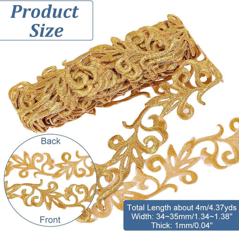 NBEADS 4.37 Yards Gold Embroidery Polyester Ribbons, 1.3 Inch Wide Adhesive Goldenrod Lace Trim Iron on Metallic Flower Lace for Sewing Costumes G...