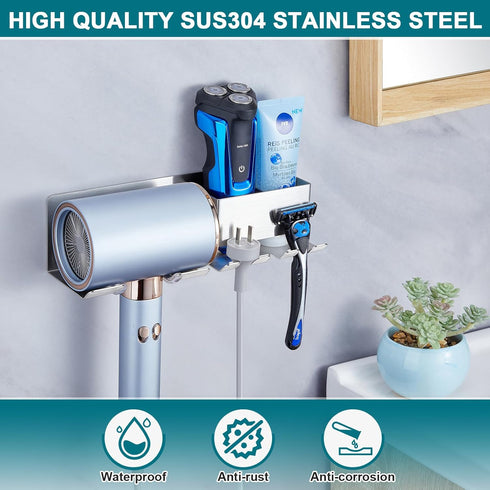 Hair Dryer Holder Wall Mounted, Blow Dryer Organizer, Hair Tool Organizer, Adhesive Blow Dryer Holder for Bathroom, Stainless Steel Hair Dryer Sta...
