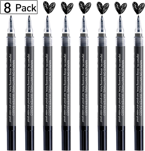 AKARUED Paint Pen, 8 Pack 0.7mm Water Based - Extra Fine Point Black Marking Pen for Metal, Wood, Paper, Plastic, Ceramic, Stone, Rock, Glass, Mug...