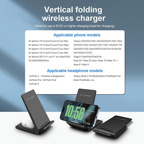Wireless Charger, 2 in 1 Wireless Charging Stand Dock Foldable 20W Fast Charging for iPhone 15 Pro 14 13 12 11 Pro Max XS,AirPods, for Samsung Gal...