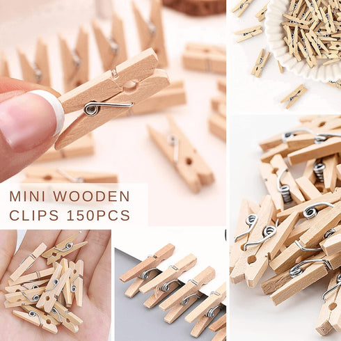 Sturdy Mini Clothes Pins for Photo, 150 Pcs 1 Inch Natural Wooden Clothespins with 33 FT Jute Twine, Small Clips for Crafts Display, Baby Shower G...