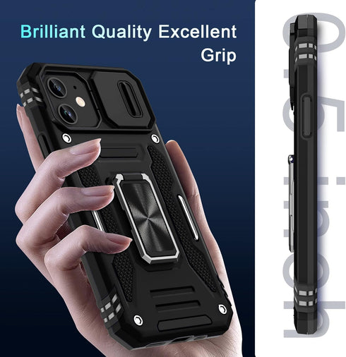 DEERLAMN for iPhone 12 Case,iPhone 12 Pro Case with Slide Camera Cover+Screen Protector(2 Packs),Rotated Ring Kickstand Military Grade Shockproof ...
