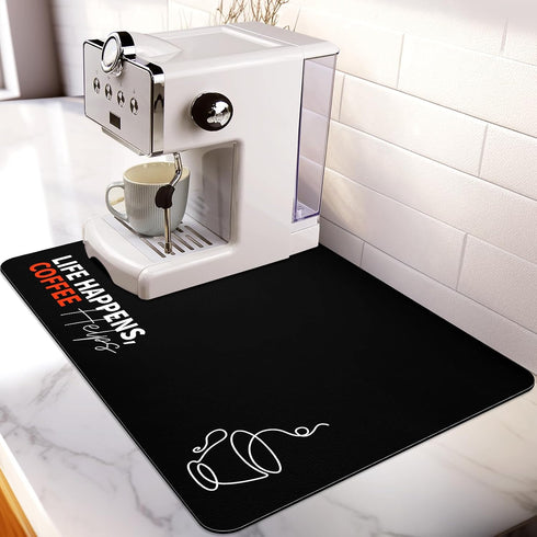Designer Coffee Pot Mat Dish Drying Mat - 16x24 Trimmable, PU Leather Surface & Rubber Backed, Kitchen Countertop Protector, Super Absorbent, Heat...