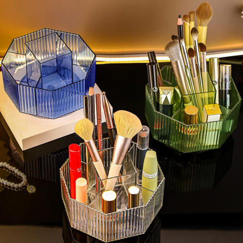 Makeup Brush Holder, 360° Rotating Makeup Organizer for Vanity with 5 Slot Large Capacity Spinning Cosmetic Display Case Skin Care Tray for Counte...