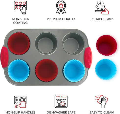 Boxiki Kitchen Non-Stick Steel 6 Cup Muffin Pan with Silicone Handles and Reusable Liners - Perfect for Baking Large Muffins and Cupcakes...