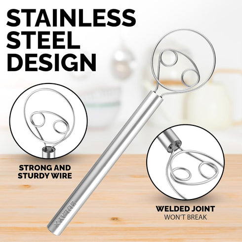 Zulay Kitchen 13-Inch Danish Dough Whisk - Stainless Steel Danish Whisk for Cooking with Dough Hook - Traditional Dutch Whisk - Bread Whisk for So...