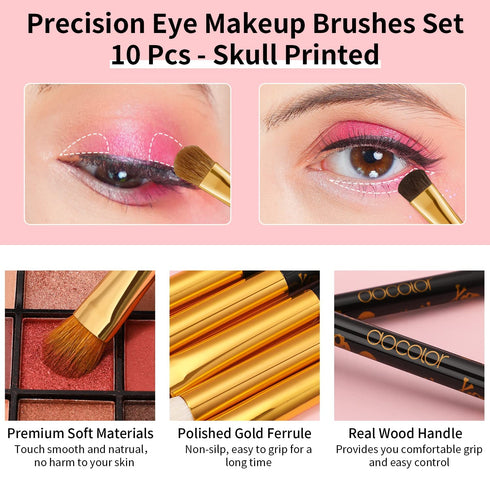 Docolor Eye Makeup Brushes 10Pcs Skull Printed Eyeshadow Makeup Brush Set Blending Concealer Eyebrow Eye Liners Premium Synthetic Eyeshadow Crease...
