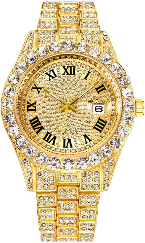 Mens Ice Out Watches Big Rocks with Roman Numerals Fully Colorful Dial Gold Watch...