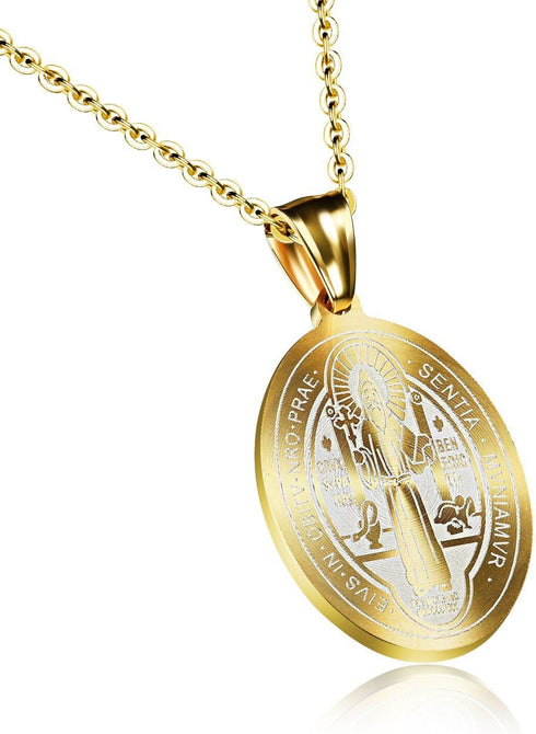 LBFEEL Stainless Steel Saint Benedict Medal Gold Catholic Saint Medals Pendant Necklace for Men Women with a Gift Box...