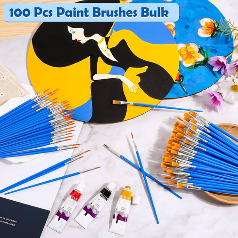 Small Paint Brushes Bulk, Anezus 100 Pcs Paint Brushes for Kids Acrylic Paint Brushes Set with Flat and Round Pointed Paint Brushes Craft Paint Br...