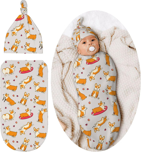 Cute Swaddle Blanket dog corgi Baby Stuff Newborn Baby Swaddling Blanket Sleep Sack with Beanie Hat Sets for Boys Girls Infant and Baby Shower Uni...