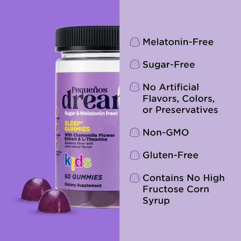 OH MY VIT! Pequeños Dreamz Kids Sugar & Melatonin Free Gummies, Supports Normal Sleep with Chamomile & L-Theanine, Blueberry Flavor for Children a...