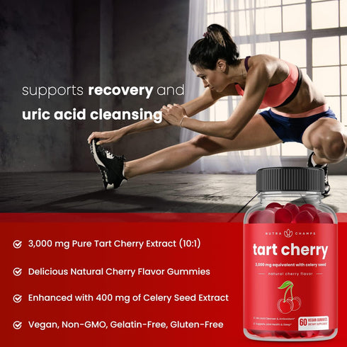 NutraChamps Tart Cherry Gummies - 3000mg Tart Cherry Extract with Celery Seed - Uric Acid Cleanse Supplement - Antioxidant, Joint Comfort, Flexibi...