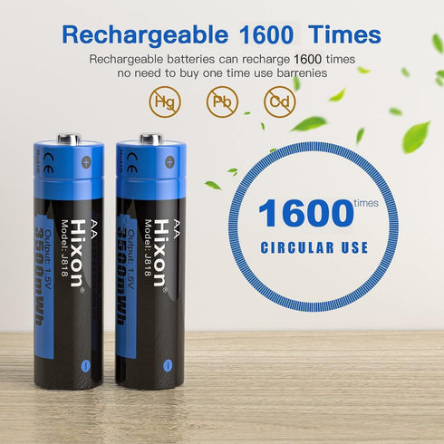 Hixon Rechargeable AA Batteries, 3500mWh(2330mAh) high Capacity AA Battery,1.5V Constant Output,AA Rechargable Batteries,4 Counts Lithium AA Batte...