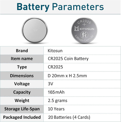 KITOSUN CR2025 Batteries 3V Lithium Cell - 3 Volt CR 2025 Coin Button Lithium Battery Replacement for Mazda Mercedes Car Key Fob Remote Control LE...