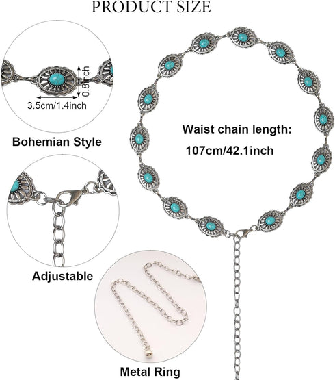 4 Pieces Bohemian Turquoise Jewelry Set Chain Waist Belt Turquoise Necklace Vintage Turquoise Dangle Earrings and Bracelet Western Jewelry for Wom...