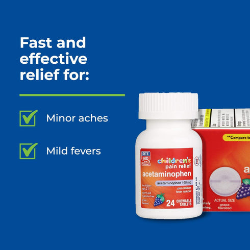Rite Aid Children's Pain Relief Chewable Grape Tablets, Acetaminophen, 160 mg - 24 Count | Pain & Fever Relief for Kids Ages 2-11 Years | Alcohol-...